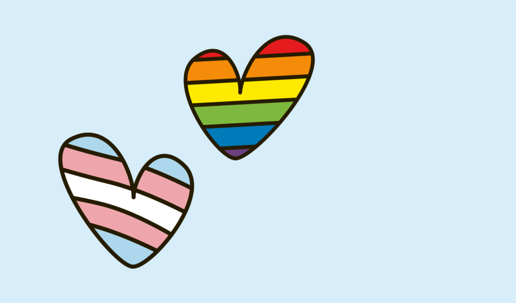 Två illustrerade hjärtan, ett i transflaggans färger (blå, rosa och vit) och ett i regnbågens färger