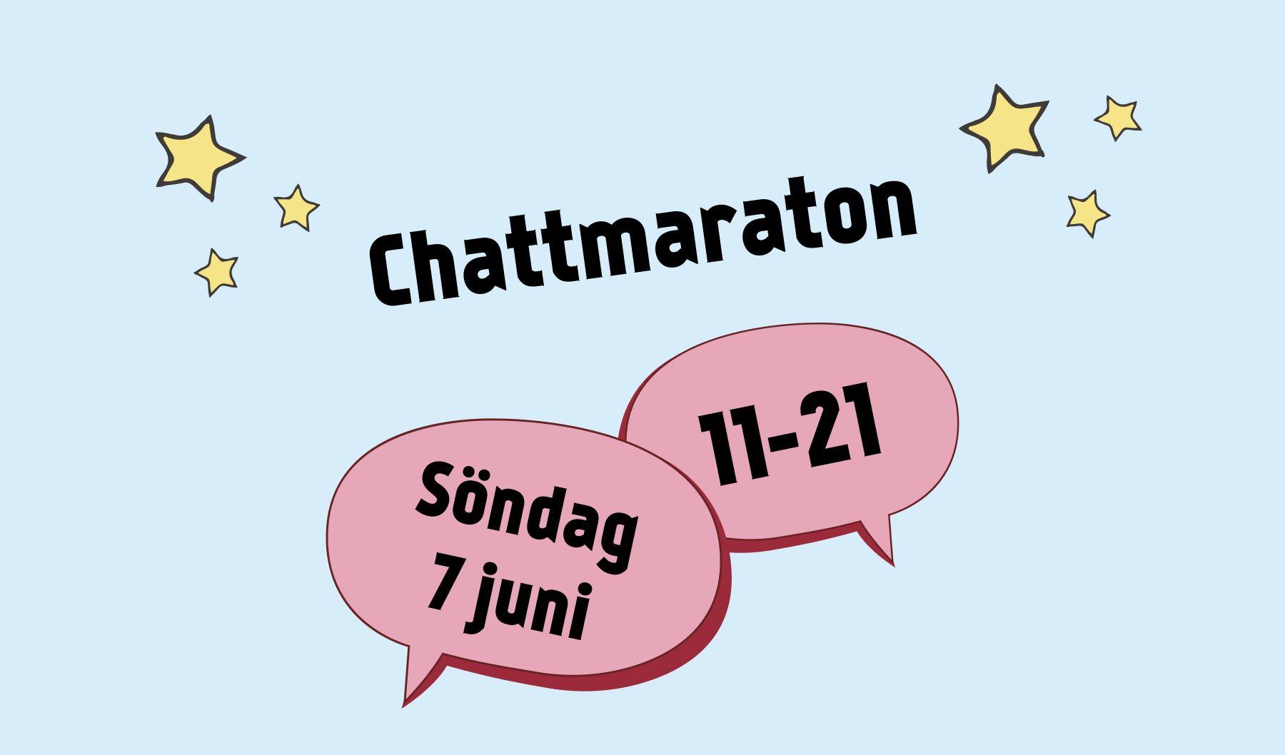 Texten "Chattmaraton. Söndag 7 juni. 11-21". Illustrerade pratbubblor och stjärnor.