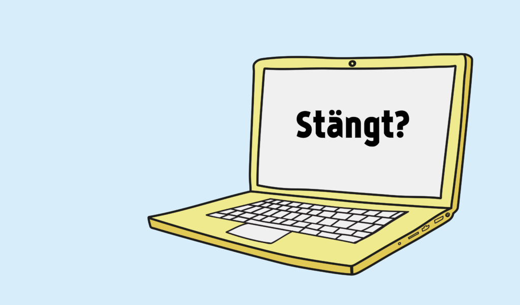 Illustrerad bild på en gul laptop som har texten "Stängt?" på skärmen.