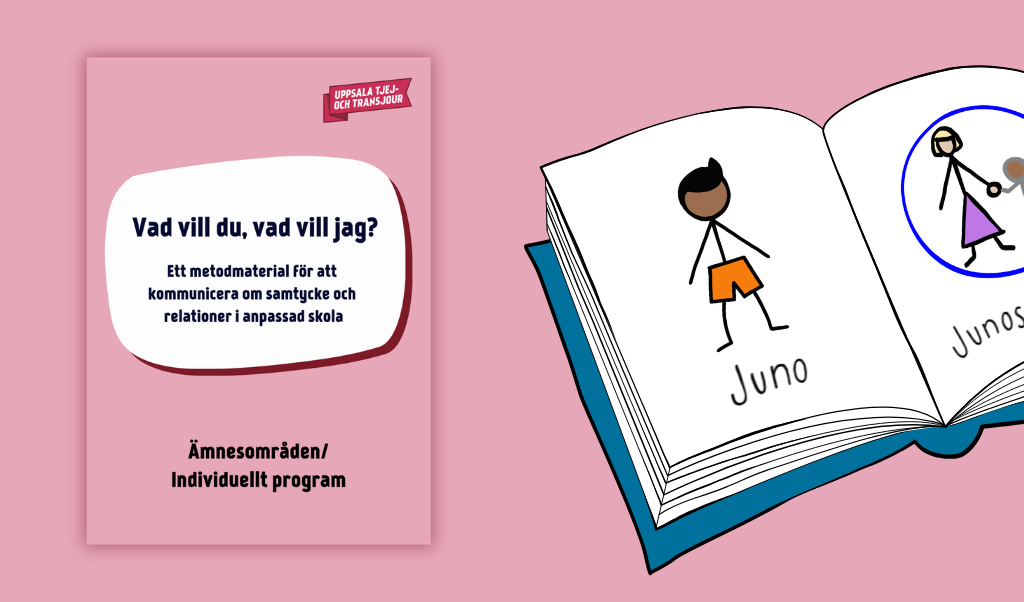 En bild på omslaget till lärarhandledningen för metodmaterialet Vad vill du, vad vill jag?, Bredvid en illustration med en bok med bildstöd för en pojke, Juno, och Junos mamma.