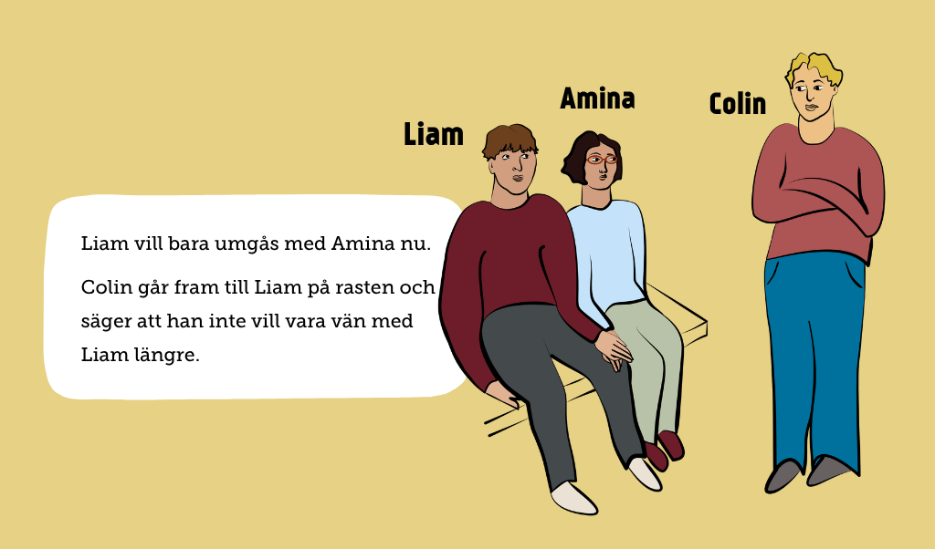 En illustration med en kille och en tjej som sitter bredvid varandra och håller handen. En kille står bredvid och ser sur ut. Texten: Liam vill bara umgås med Amina nu. Colin går fram till Liam på rasten och säger att han inte vill vara vän med Liam längre.