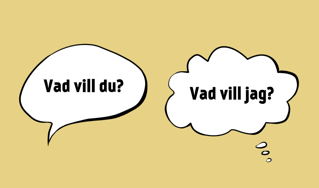 En vit pratbubbla med texten Vad vill du? En vit tankebubbla med texten Vad vill jag?